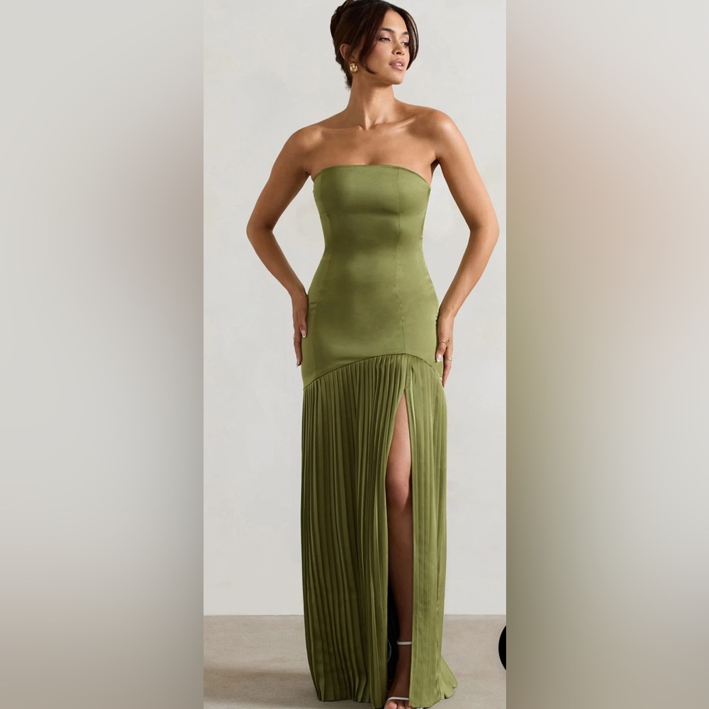 Club L London CONFIDENCE OLIVE SATIN BANDEAU PLEATED SPLIT MAXI DRESS